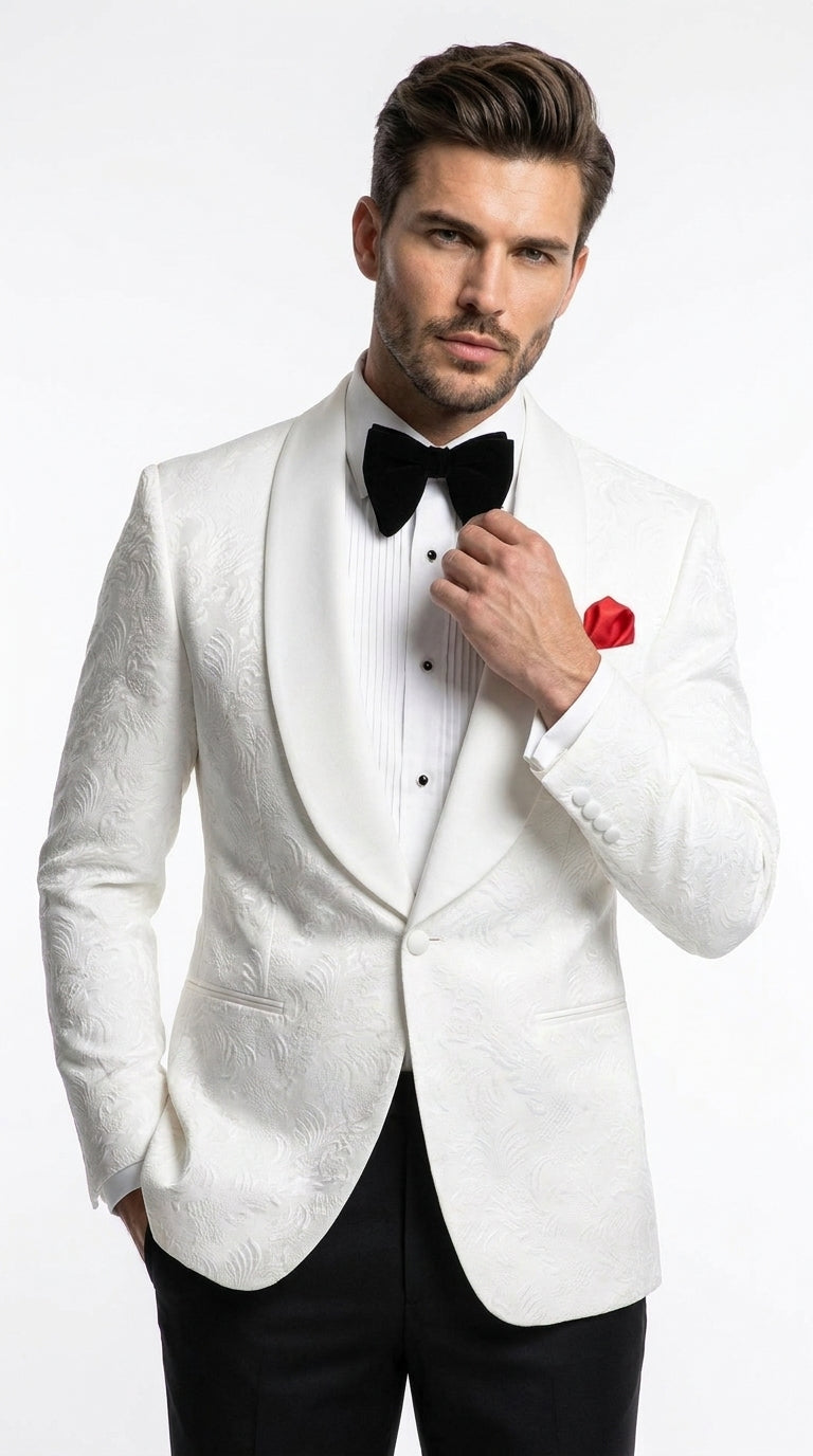 Men’s White Floral Tuxedo Jacket – Shawl Lapel Wedding & Prom Dinner Jacket