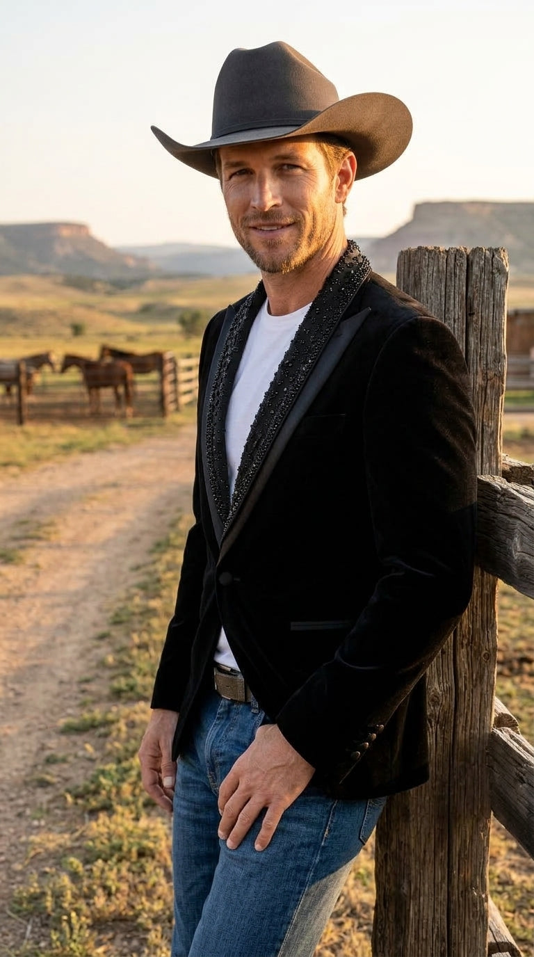 Men’s Black Velvet Western Blazer – Rhinestone Formal Cowboy Sport Jacket Removable Rhinestone Glitter Lapel