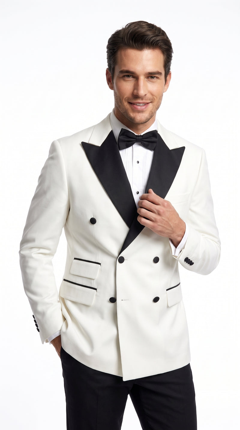 Men’s Vintage Hollywood Ivory Double-Breasted Tuxedo – Black Peak Lapel Wedding and Formal Suit