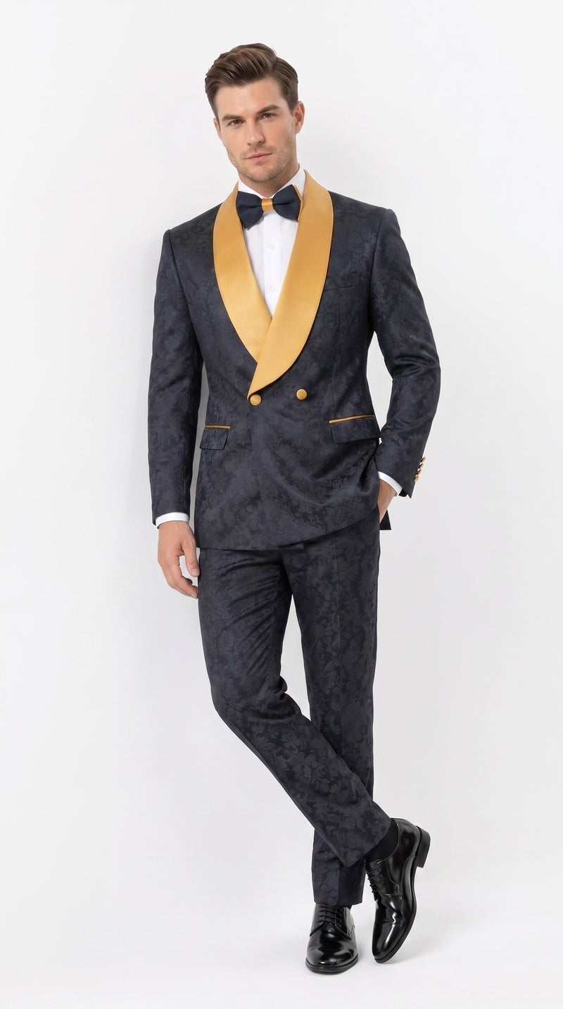Men’s Black and Gold Hollywood Tuxedo – Double-Breasted Shawl Lapel Prom, Wedding and Formal Suit