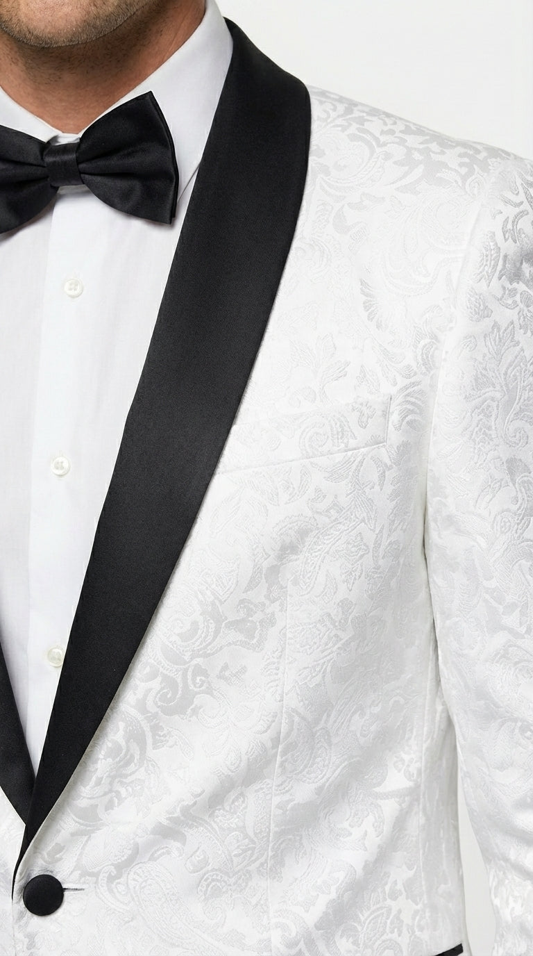 Men’s White Dinner Jacket Disco Blazer 1980s Sequin Style Jacket – Black Lapel Party Blazer, Formal Masquerade Club Wear Paisley Fabric + Bowtie