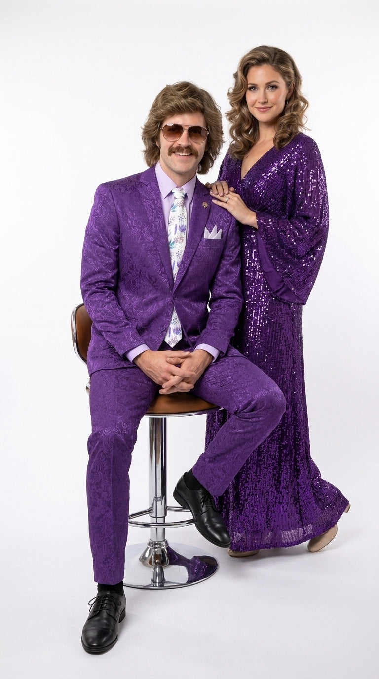 Men’s Purple Paisley 2-Piece Suit – 1970s Disco, Retro Rockabilly, Prom and Party Suit