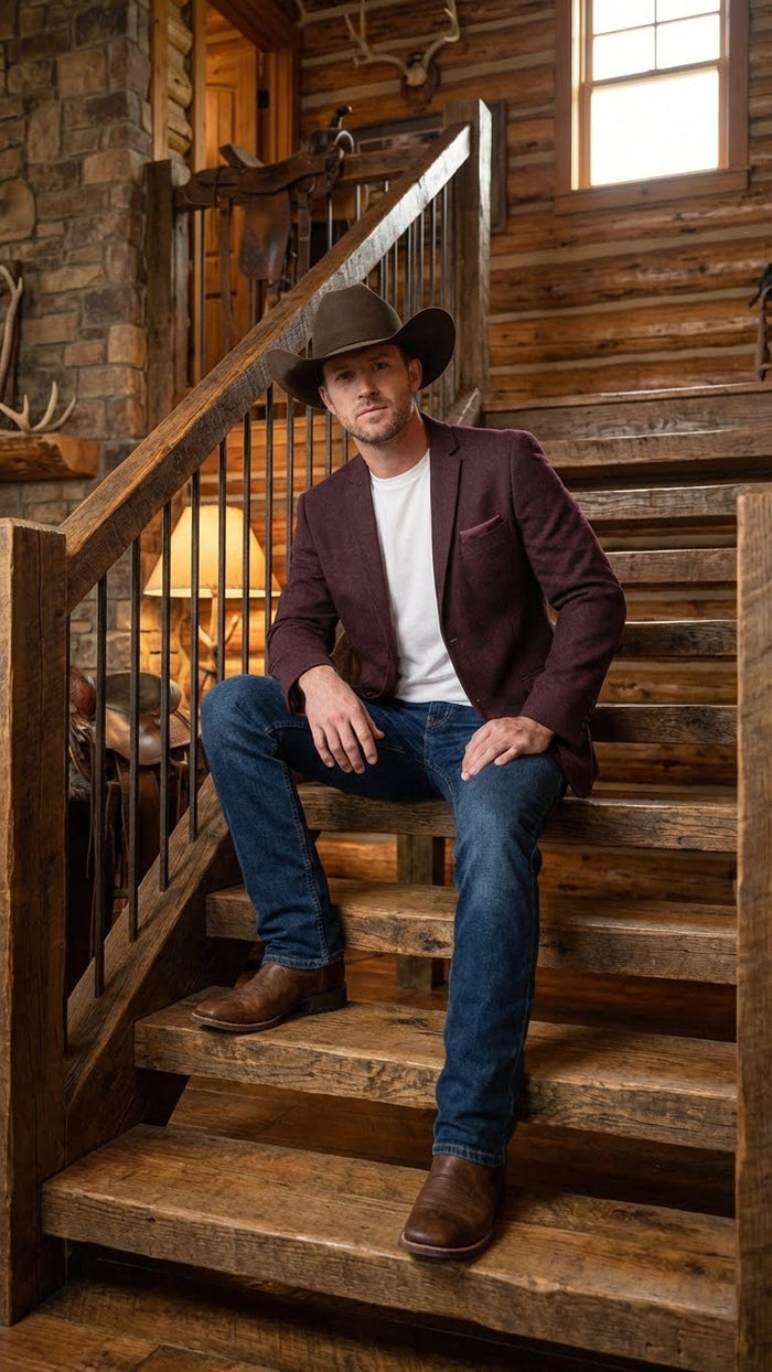 Mens Burgundy Western  Blazer Jacket, Textured Cowboy Style Sport Coat for  - Tweed Herringbone Maroon Color