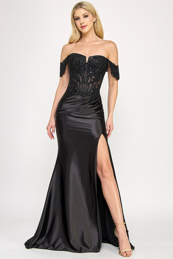 Lenovia 8398 Beaded Sateen Off Shoulder Slit Formal Dress