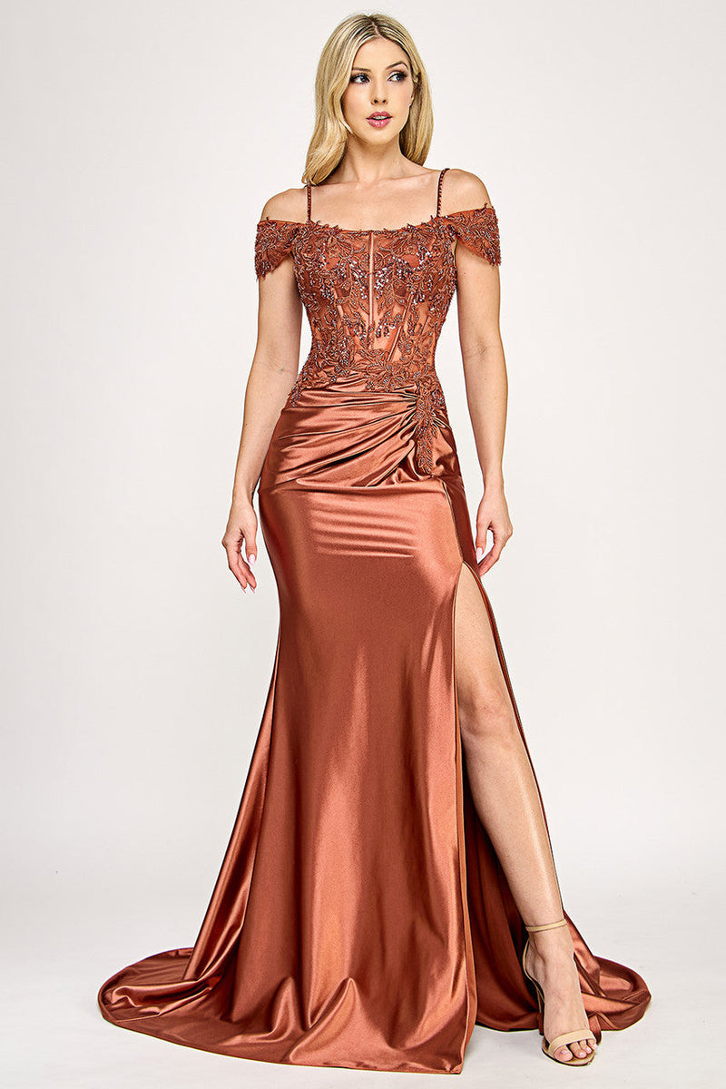 Off-Shoulder Beaded Corset Satin Gown with High Slit By Lenovia 8348