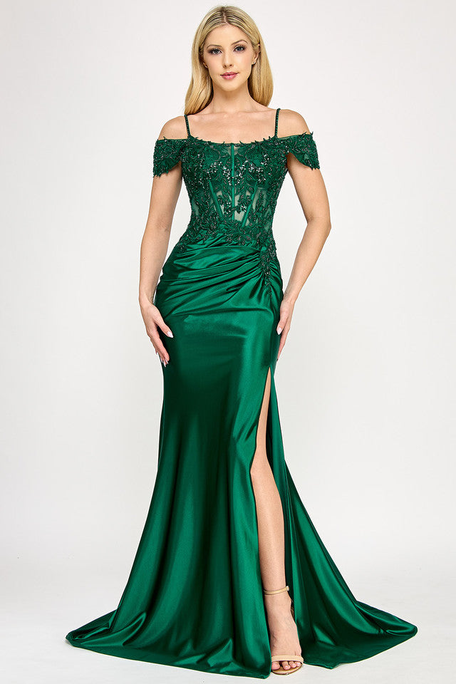 Off-Shoulder Beaded Corset Satin Gown with High Slit By Lenovia 8348