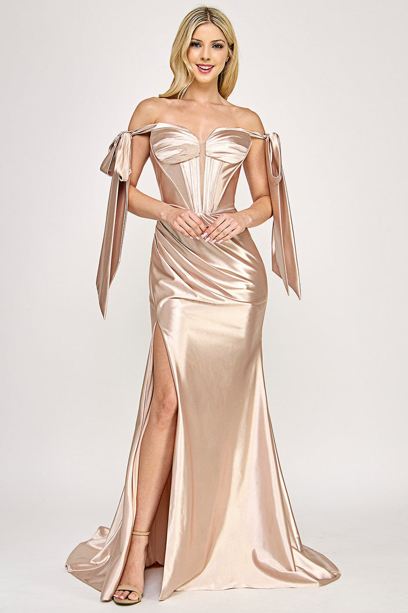 Satin Off-Shoulder Corset Gown with Bow Sleeves and High Slit By Lenovia 8401