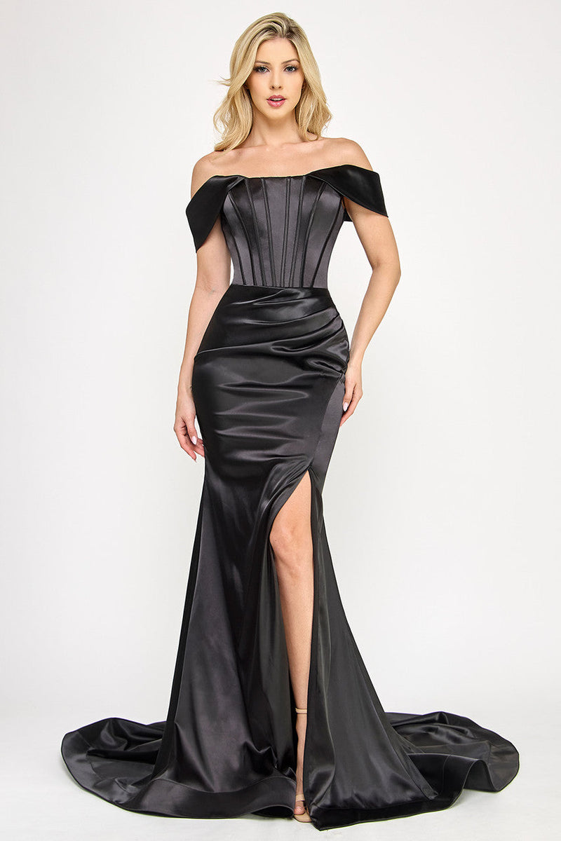 Off Shoulder Satin Mermaid Evening Gown with Corset Bodice Slit & Train by Lenovia 8359