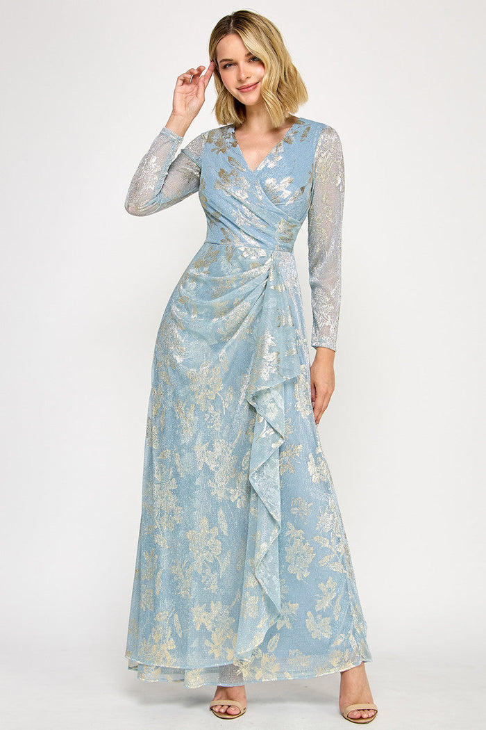Lenovia 5333 Foil Floral Wrap Bonded Dress with Sheer Sleeves
