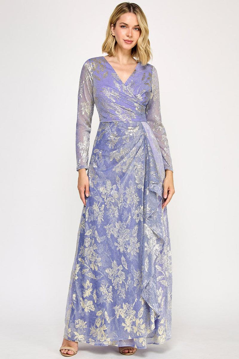 Lenovia 5333 Foil Floral Wrap Bonded Dress with Sheer Sleeves