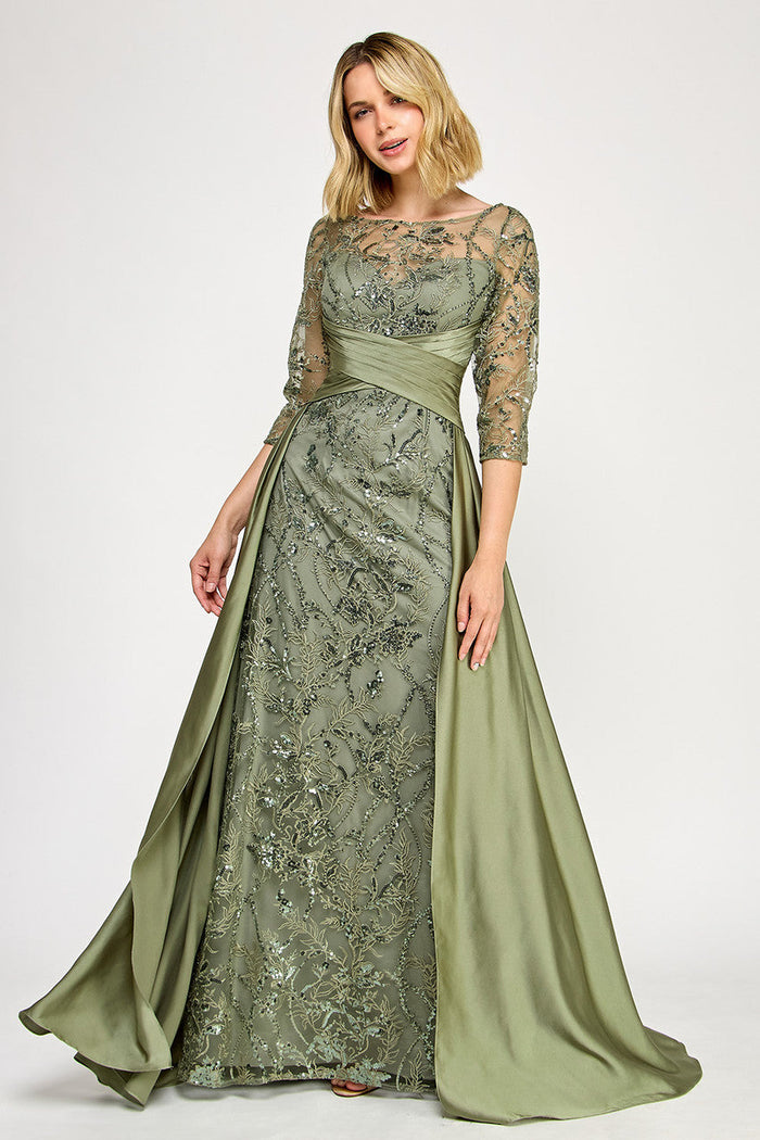 Lenovia 8355 Embroidered 3/4 Sleeve Sateen & Sequin Mother of the Bride Dress
