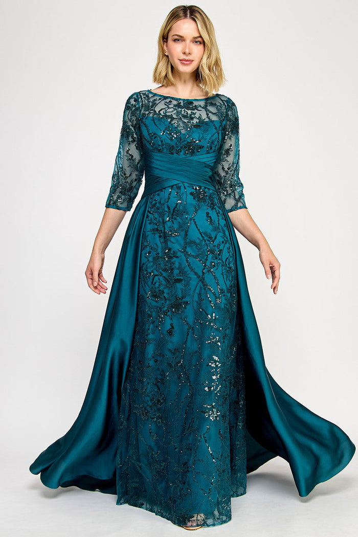 Lenovia 8355 Embroidered 3/4 Sleeve Sateen & Sequin Mother of the Bride Dress