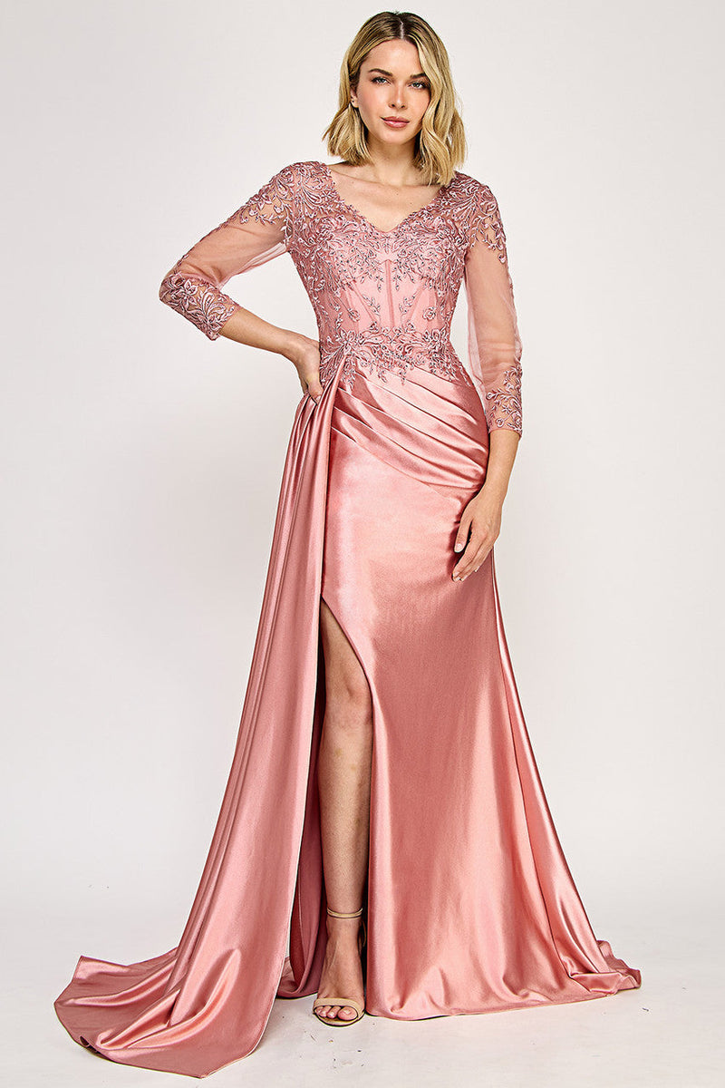 Elegant Lace Bodice Mother of the Bride Dress with 3/4 Sleeves V-Neck Dress by Lenovia 8366