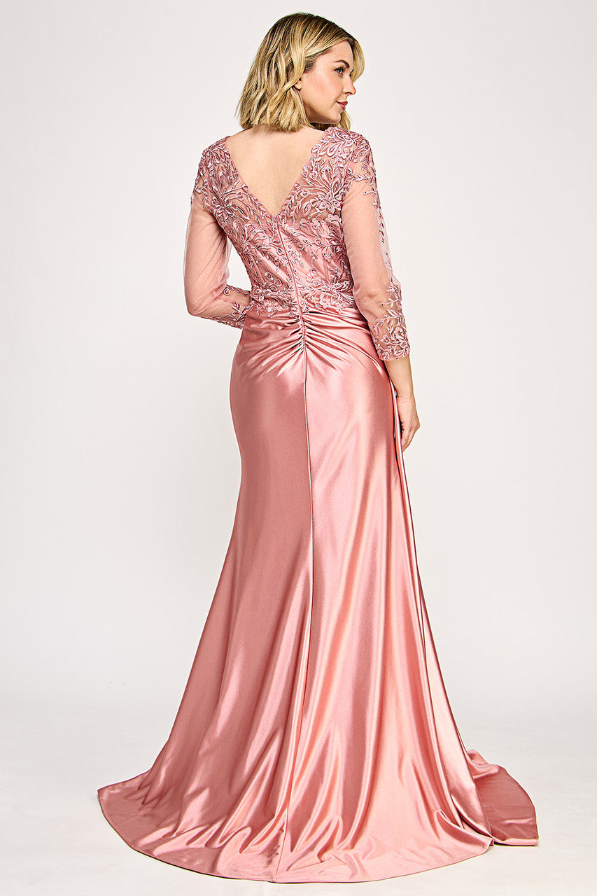 Elegant Lace Bodice Mother of the Bride Dress with 3/4 Sleeves V-Neck Dress by Lenovia 8366