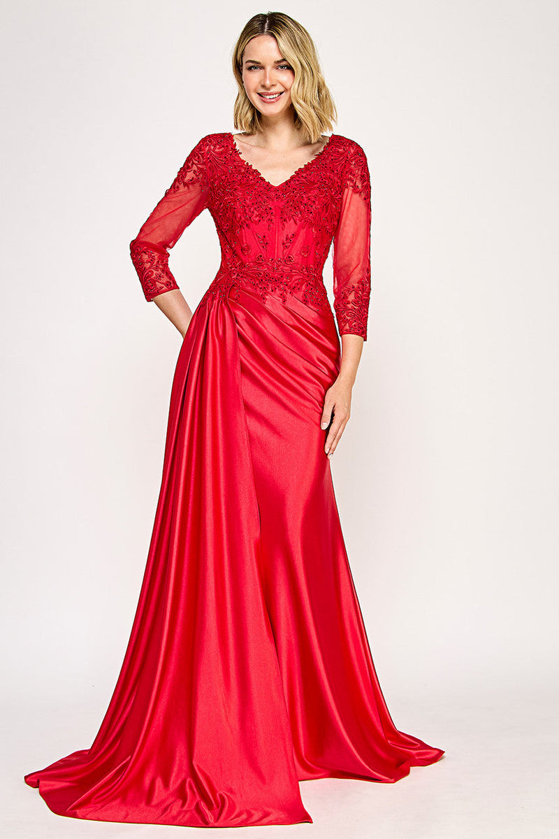 Elegant Lace Bodice Mother of the Bride Dress with 3/4 Sleeves V-Neck Dress by Lenovia 8366