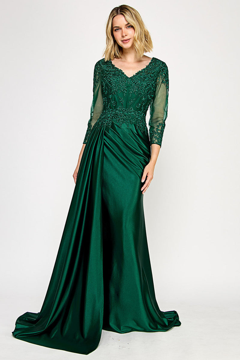 Elegant Lace Bodice Mother of the Bride Dress with 3/4 Sleeves V-Neck Dress by Lenovia 8366