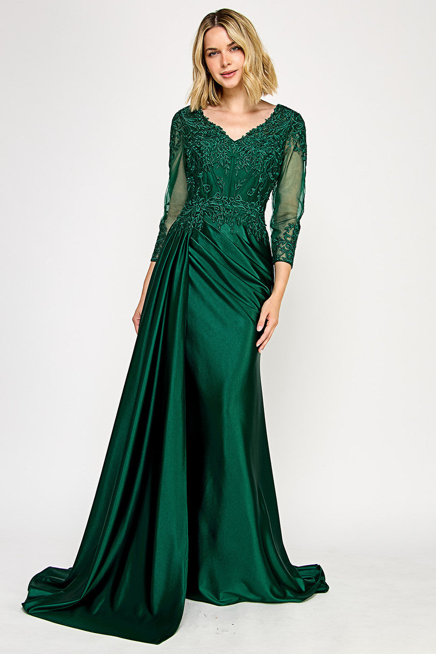 Elegant Lace Bodice Mother of the Bride Dress with 3/4 Sleeves V-Neck Dress by Lenovia 8366