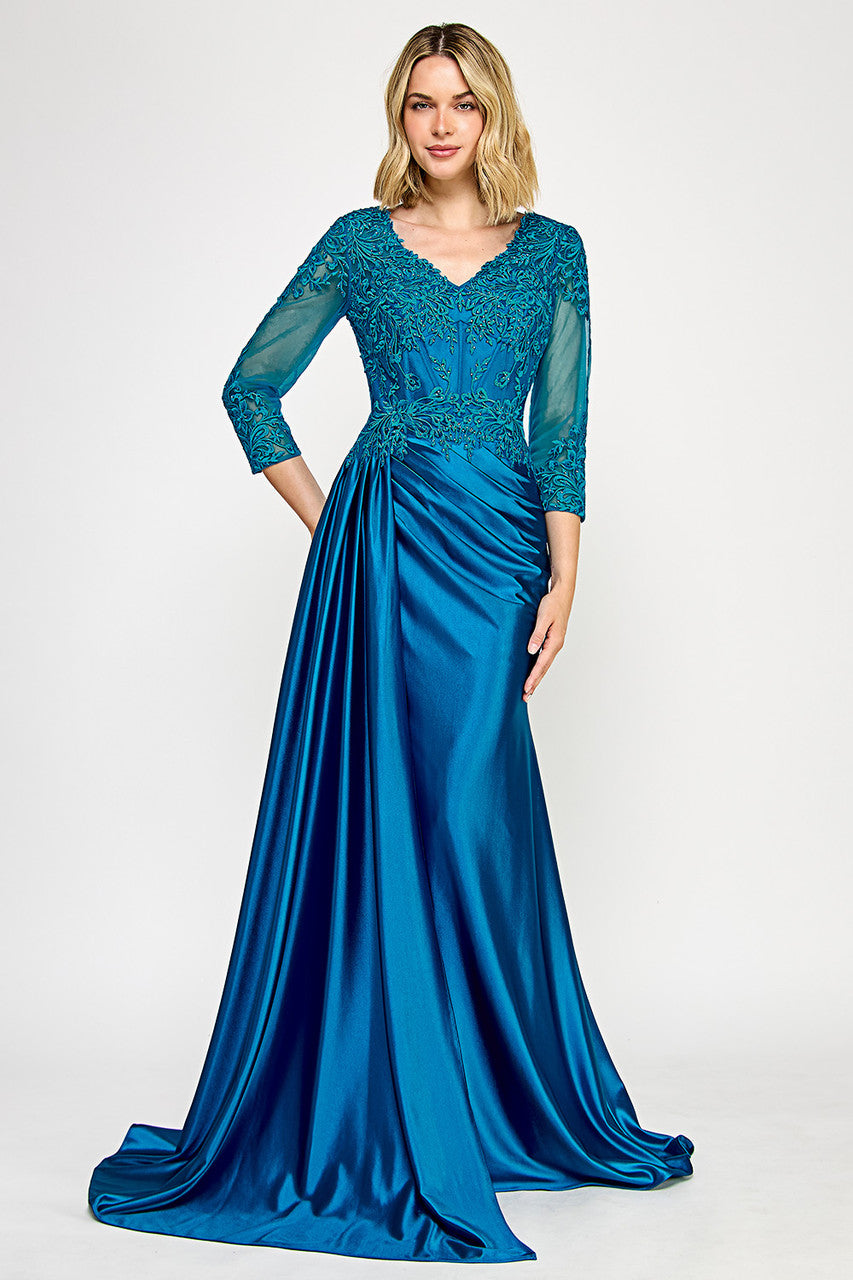 Elegant Lace Bodice Mother of the Bride Dress with 3/4 Sleeves V-Neck Dress by Lenovia 8366
