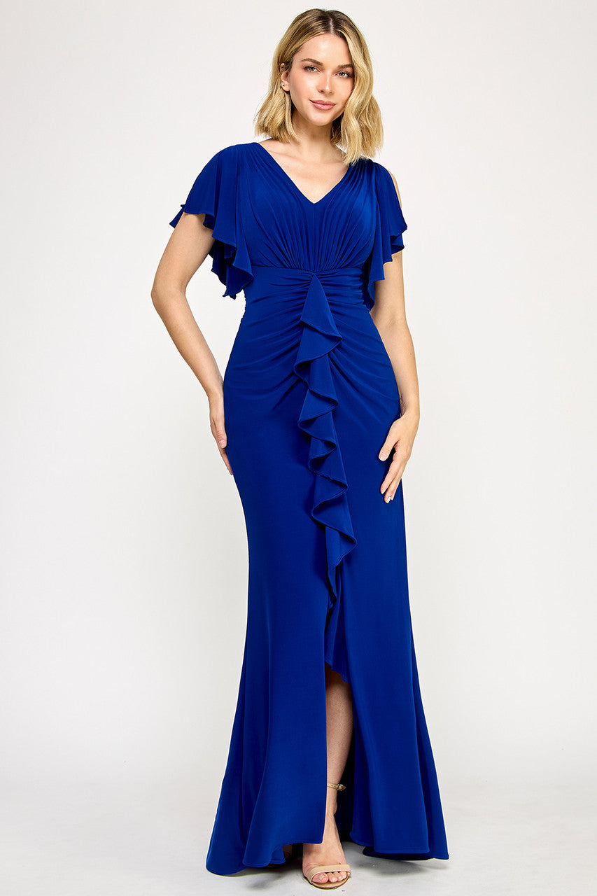 Lenovia 8376 Ruffled Short Sleeve Drape Sleeve Stretch Knit Dress