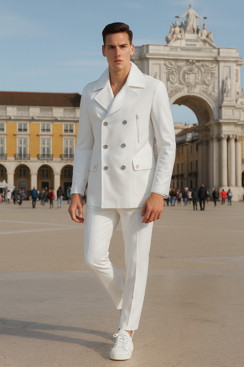 Men's white double-breasted peacoat. Slim fit wool jacket with a classic structure. Features wide lapels, dual buttons, and side pockets. Clean, modern solid white color.
