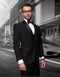 Men's black wool tuxedo. Modern fit, one-button, shawl lapel. Three-piece vested design. Includes white dress shirt and bow tie. Tailored structure.
