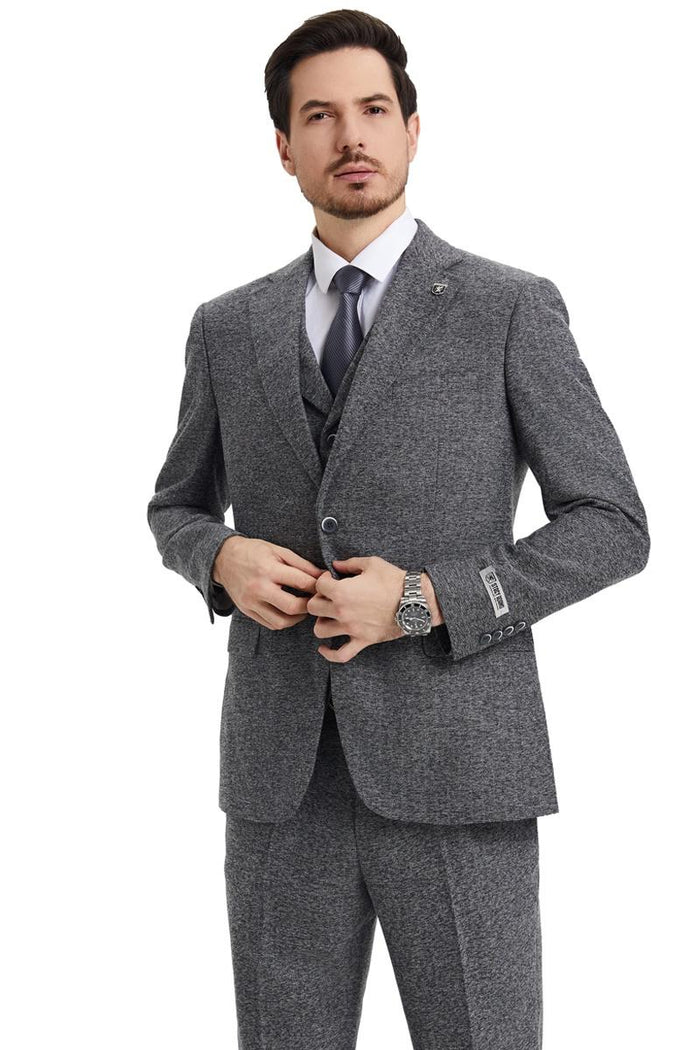 Classic grey herringbone tweed suit by Stacy Adams. Vintage-inspired, tailored fit. Features a structured blazer with notch lapel, two-button closure, and chest pocket, plus matching flat-front trousers.
