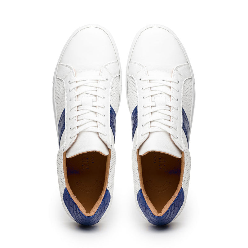 Zelli Olympias Crocodile-Trimmed Calfskin Sneakers in White and Navy