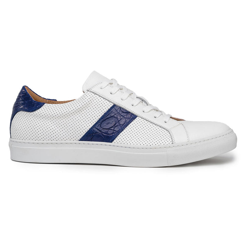 Zelli Olympias Crocodile-Trimmed Calfskin Sneakers in White and Navy