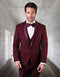 Burgundy men's wool tuxedo: modern fit, one-button, vested. Tailored jacket with shawl collar, matching vest, flat-front trousers. Deep burgundy, subtle sheen. Includes shirt & bow tie.

