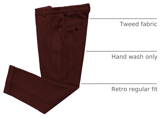 Mens Vintage Tweed Dress Pants Slacks Trousers Regular Fit Suit Pants in Burgundy - view 2