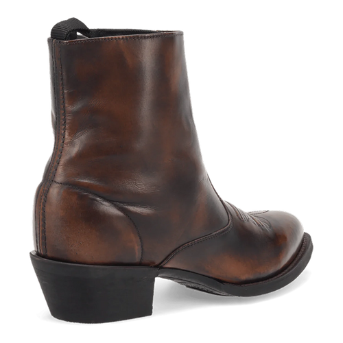 Laredo Fletcher men's brown leather boot. Mid-calf height, tapered toe. Smooth, polished leather with elastic side panels. Low stacked heel. Rubber outsole for grip.
