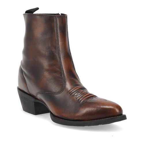 Laredo Men's Fletcher brown leather boot. Ankle-high with rounded toe, minimal toe cap, and pull tab. Features a slightly glossy brown leather upper with stitched side detail. Black rubber sole, low stacked heel.
