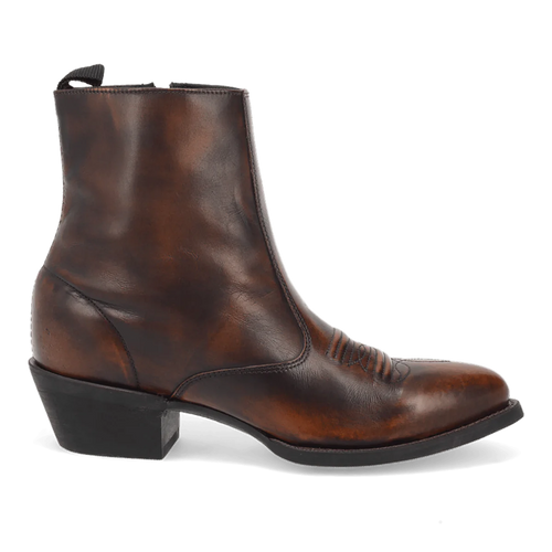 Laredo Men's Fletcher brown leather boot. Smooth brown leather, rounded toe, mid-calf height. Decorative stitching and slight heel. Pull tab for easy wear.
