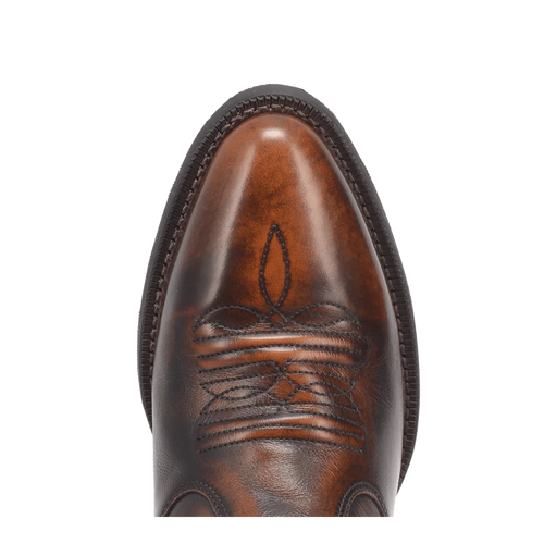 Laredo Men's Fletcher brown leather boot. Pointed toe, rich brown leather exterior with stitched design. Sturdy construction, contrasting dark edge stitching.
