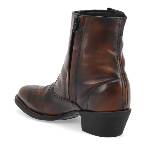 Laredo Men's Fletcher Boot: Brown leather, smooth finish, pointed toe, low heel. Side zip for easy wear. Decorative front stitching. Structured, tall back above ankle.

