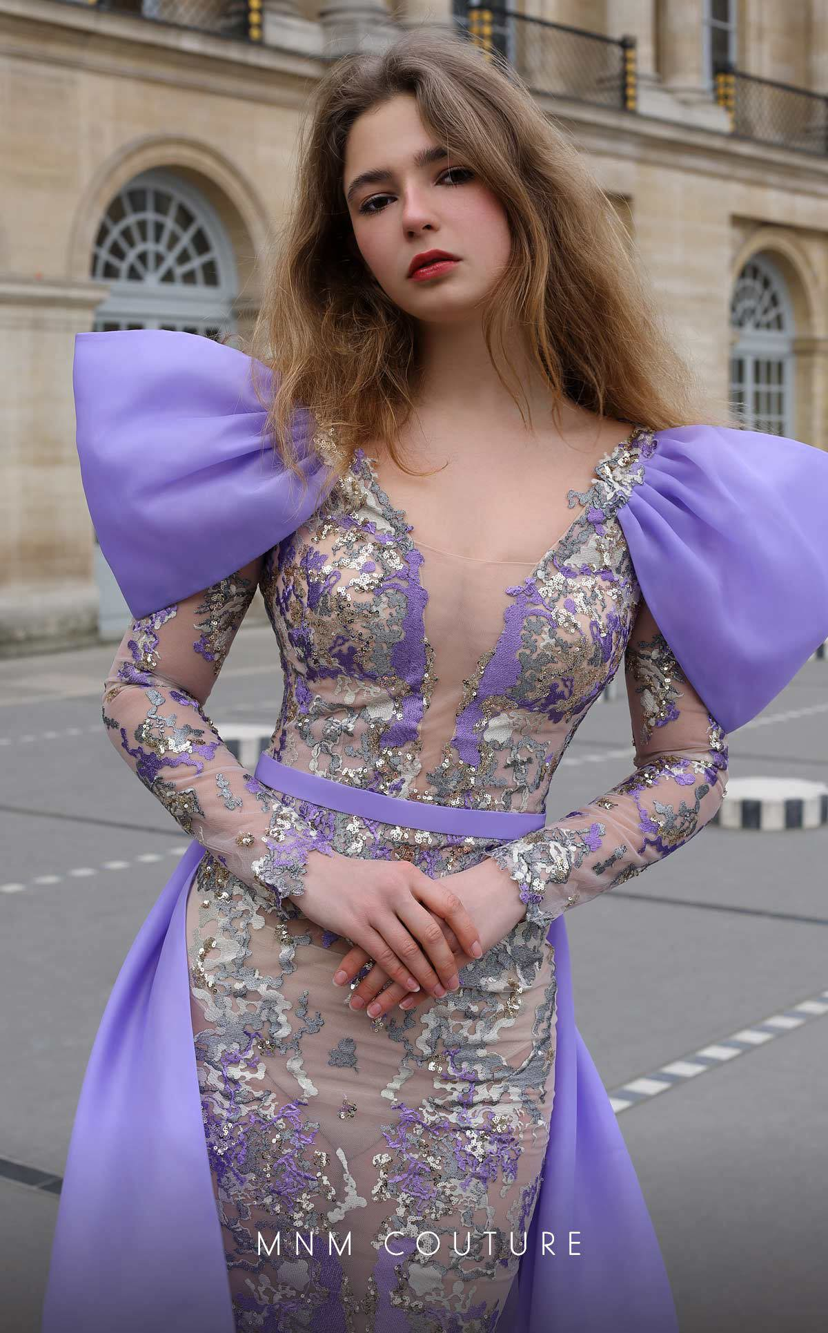 MNM Couture K4075 Purple Sequin Long Sleeve Gown