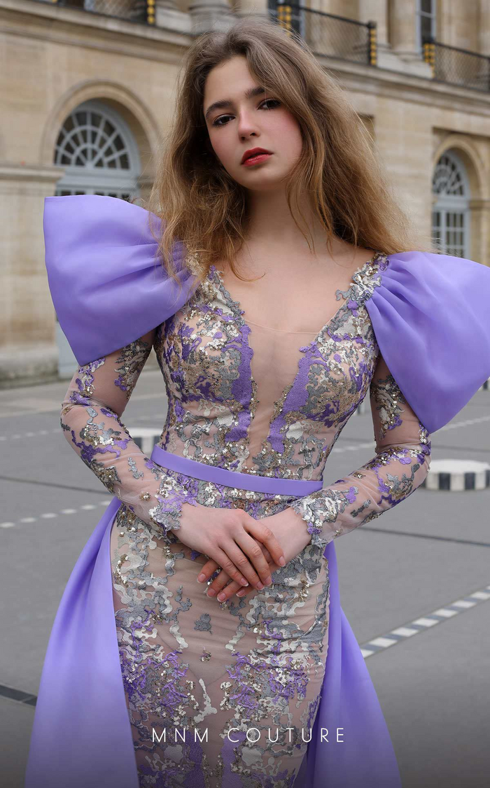 MNM Couture K4075 Purple Sequin Long Sleeve Gown