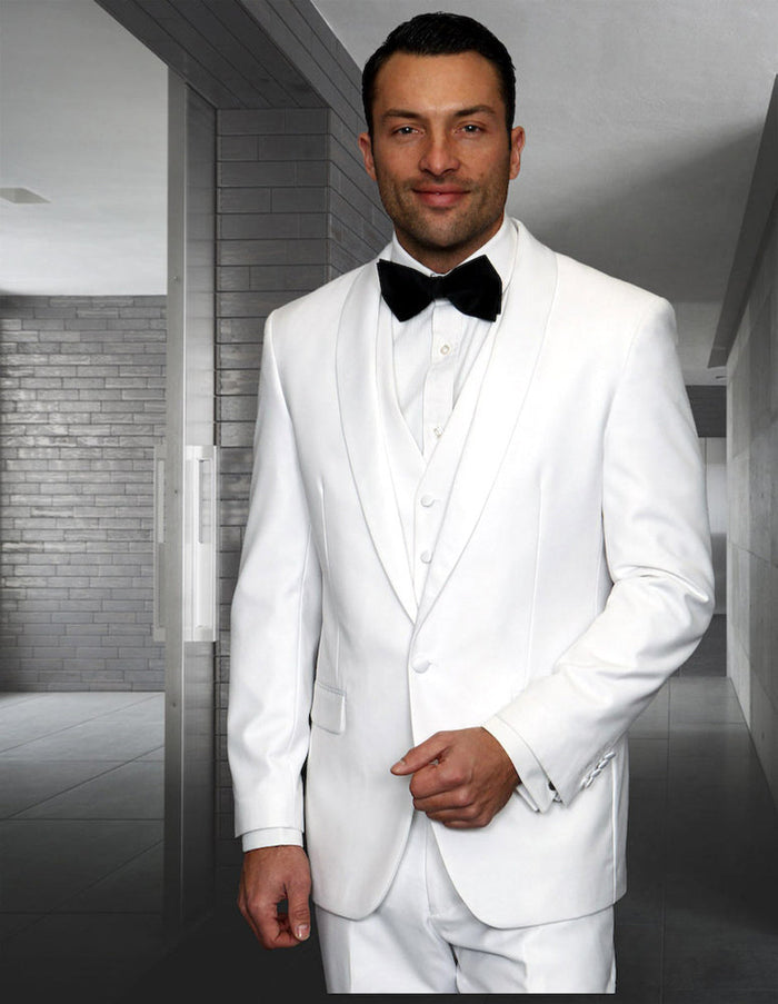 Men's white wool tuxedo with a modern fit. Features a shawl collar, one-button closure, and a three-button vest. Crafted from smooth wool.

