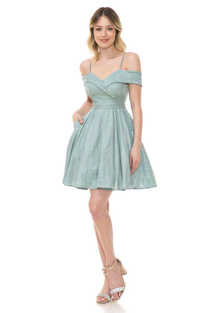 Lenovia 5228 Short Metallic Glitter Cold Shoulder A-Line Dress