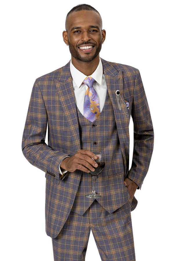 MENS TWO BUTTON MODERN FIT PEAK LAPEL VESTED SUIT IN DARK LAVENDER & GOLD WINDOWPANE PLAID