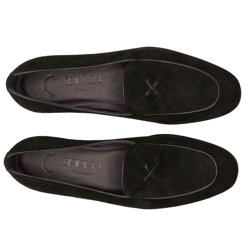 Zelli Hand-Stitched Sueded Goatskin Loafer with Crocodile Vamp in Black