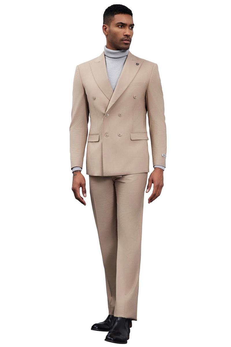 Tan Stacy Adams double-breasted suit: tailored silhouette, two-button front, contrasting cuffs. Smooth, lightweight tan material. Notched lapel, side pockets. Straight-cut trousers. Classic style.
