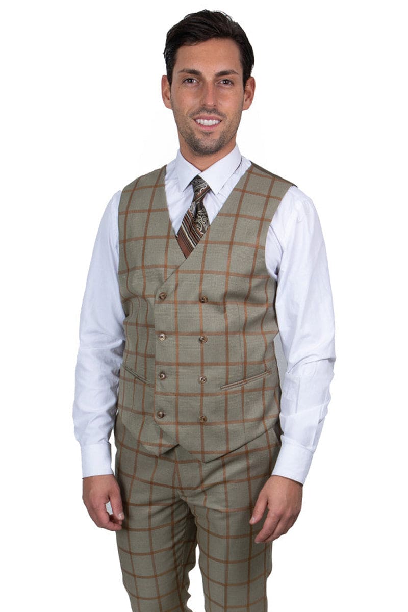 "Mens Stacy Adams Suit - Stacy Adams Suit Men's Vested Suit - Tan & Gold Windowpane Plaid, One Button Peak Lapel"