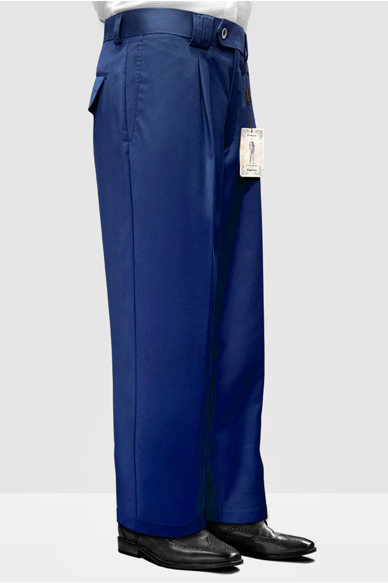 Sapphire blue Italian wool wide-leg dress pants. Smooth, subtly shiny material with straight, wide leg silhouette. Features pleats, two front pockets, and a button closure waistband. Tailored for structure.
