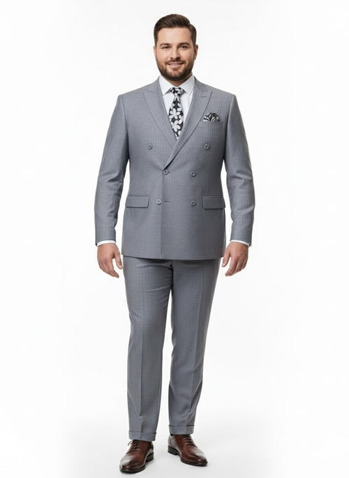 Men's grey tone-on-tone double-breasted suit. Slim fit, two-piece with shadow stripe fabric. Features double-breasted buttons, notched lapel, and tailored trousers. Formal, polished, and cohesive.

