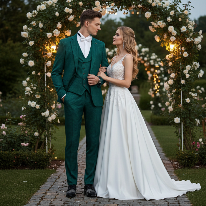 Men's emerald green three-piece suit. Fitted jacket, trousers, and waistcoat. Subtle textured pattern throughout. Consistent color.
