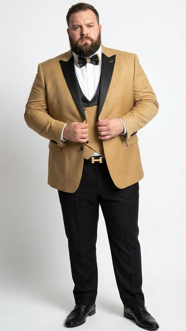 Men's Dark Camel Tan Khaki and Black Great Gatsby Tuxedo Suit - Vintage 1920s Formal Wedding, Party and Event Wear