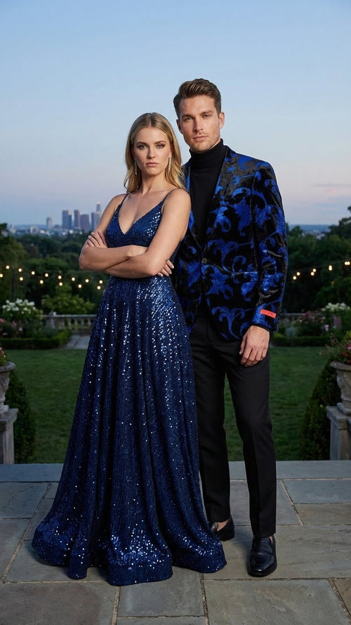 Men's black and royal blue patterned blazer features a structured fit with a shawl collar, made from a textured fabric. The blazer showcases a swirling blue pattern against a black background.