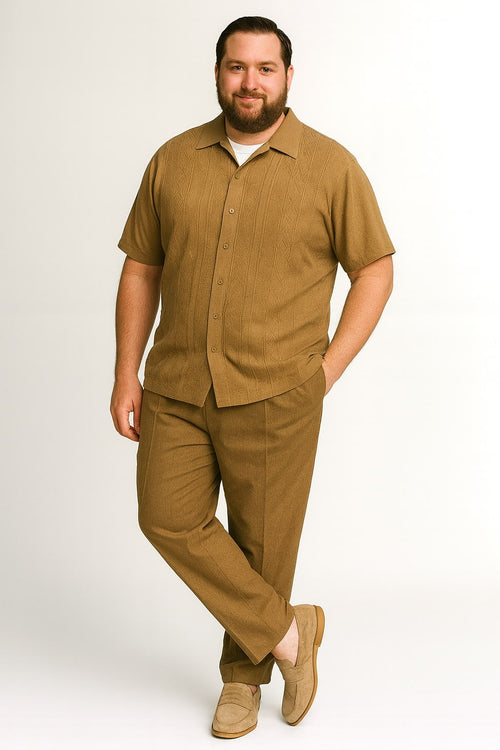 Men's mocha brown knit walking suit. Includes a short-sleeve button-down shirt with a textured pattern and straight-leg trousers. Made from soft knit in a taupe coffee color. Shirt has a classic collar. Pants offer a relaxed fit.
