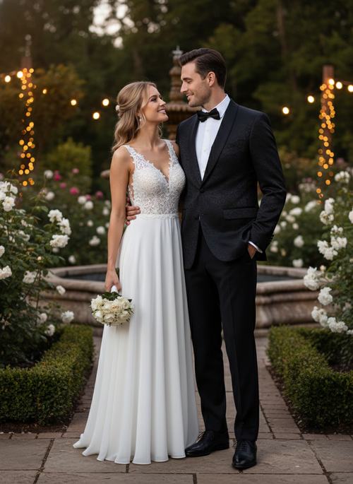 Alberto Nardoni men's black tuxedo suit. Tailored fit with paisley floral texture. Structured blazer (peaked lapel, single-button) and straight-cut trousers. Classic black formal wear.
